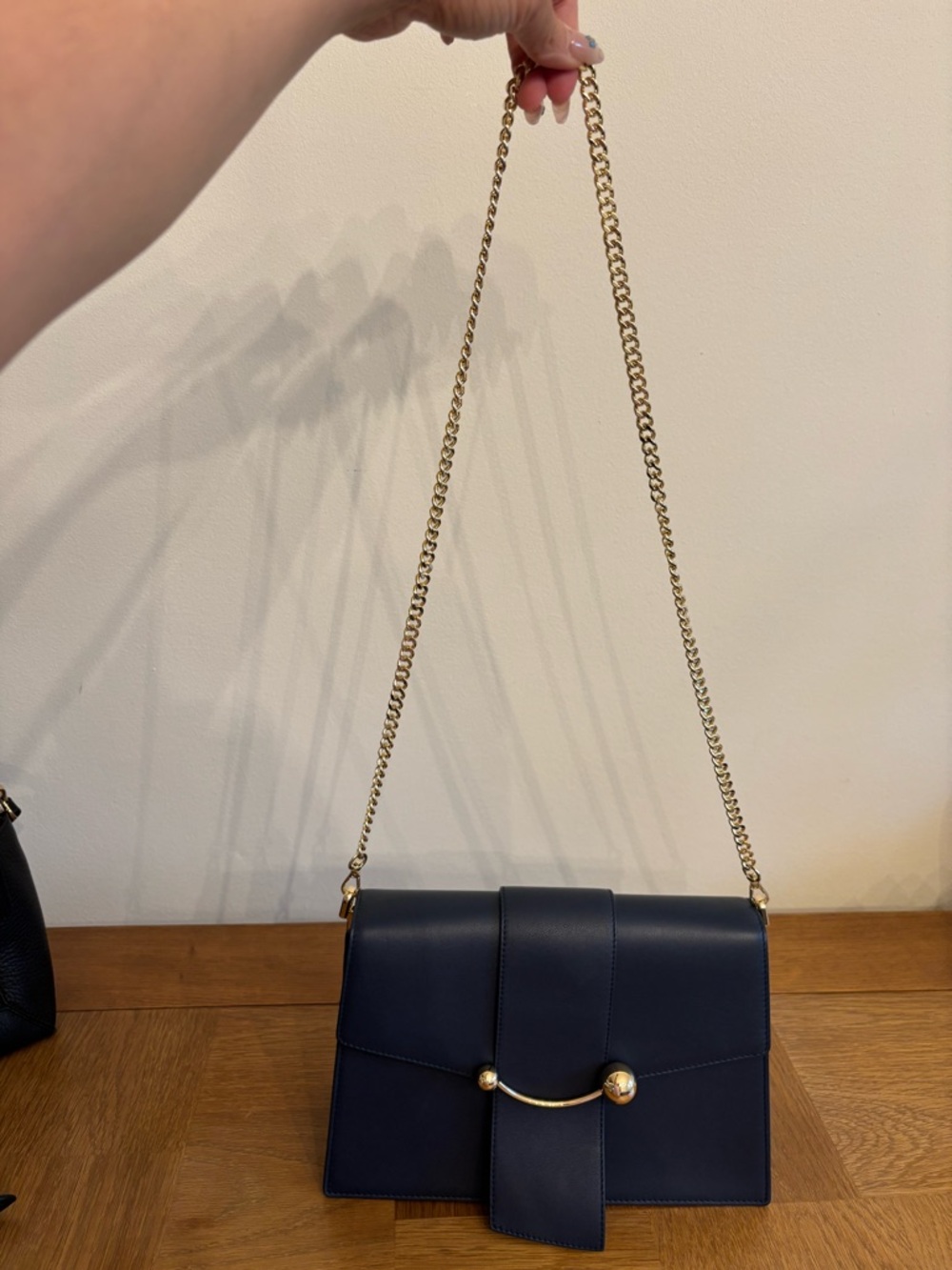 Strathberry Crescent Leather Shoulder Bag Navy Gold Hardware Crossbody - Picture 15 of 15